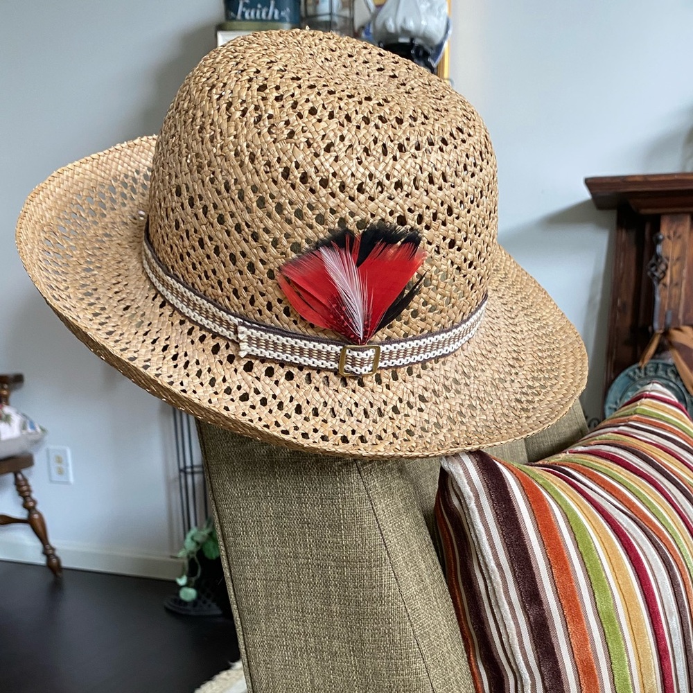 NEW Vintage Woven Fedora w/Fabric Band & Feather Accent